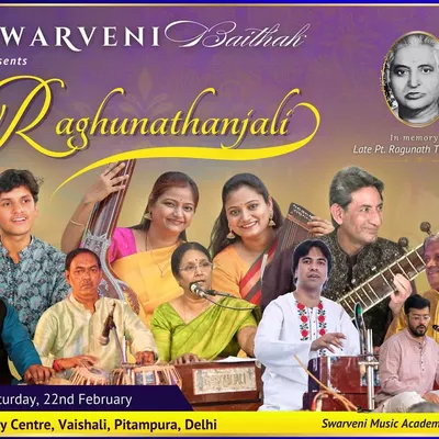 The official poster for 'Raghunathanjali' Swarveni Baithak 2025, a grand event featuring a constellation of talented artists, organized in collaboration with Sangeet Kala Kendra, Agra.