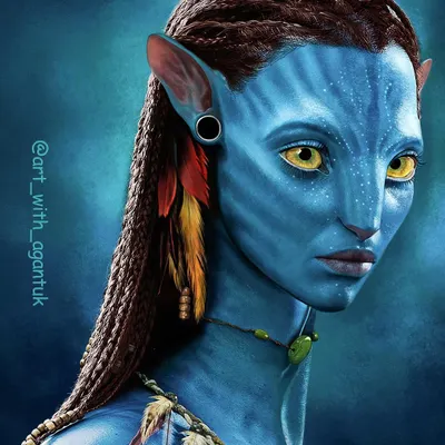 The final portrait of Neytiri from Avatar. I used Photoshop and my Wacom tablet to paint every detail, from the bioluminescent spots on her skin to the feathers in her hair, over a period of about 40 hours.
