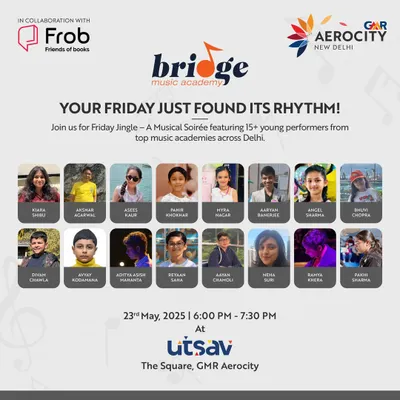 "Your Friday just found its rhythm!" A poster for 'Friday Jingle', a musical soiree featuring over 15 young performers from top music academies across Delhi, held at our Utsav space.