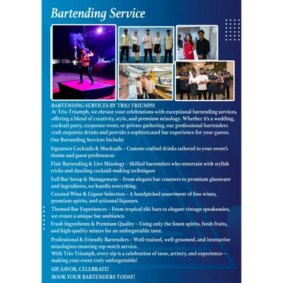 An overview of our premium bartending services. This details everything we offer, from signature cocktails and flair bartending to full bar setup and curated wine selections.