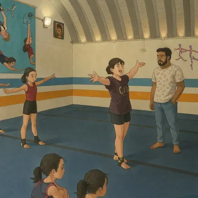 This charming illustration captures the joy of learning in a group setting, with a coach guiding an enthusiastic young gymnast.