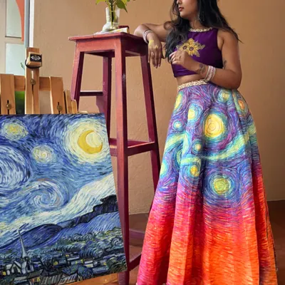 The final look of my Van Gogh inspired Sangeet lehenga. It stands as a testament to how we can turn a classic piece of art into personal, wearable fashion for your most important days.