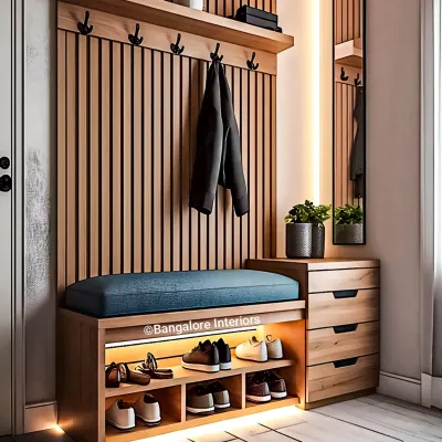 A complete entryway solution featuring a wooden hall tree with a slatted back panel, coat hooks, and an overhead shelf. The unit includes a comfortable cushioned bench with open shoe storage underneath, illuminated by an LED strip.