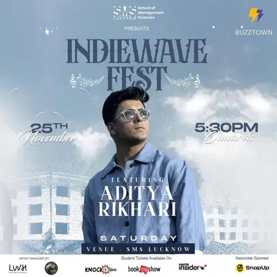 The official announcement for Aditya Rikhari headlining the Indie Wave Fest at SMS Lucknow. We manage artist bookings and promotions to ensure a massive turnout for college cultural fests.