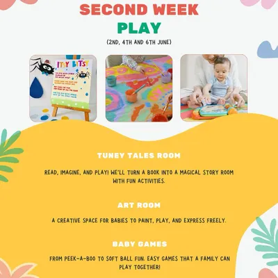 This schedule for our Play Room Summer Camp shows the variety of activities we plan for our toddlers, including a "Tuney Tales Room" and an "Art Room" for free expression.