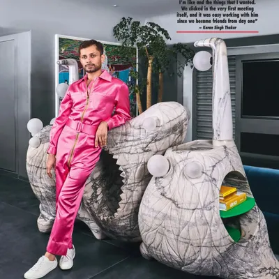 Here I am with my client next to the Monster Console we designed for his bachelor pad. It’s a functional sculpture, and it took courage from the client to go for something so different. That’s the kind of collaboration I love.