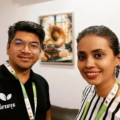 This is me, Raghavan, with my co-founder Dr. Sriranjani Bhat at the World Ayurveda Congress. We are passionate about blending traditional Ayurvedic wisdom with modern convenience.