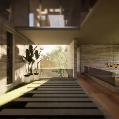 A rendering of a residence where we carved out open spaces to bring in light and nature. This view shows a pathway flanked by a sliver of green, leading towards an open-air court that connects different parts of the home.