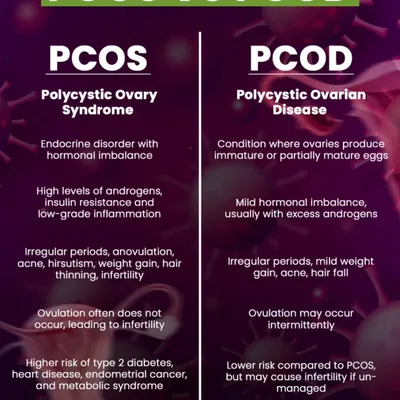 It's important to know the difference between PCOS and PCOD. This infographic breaks down the two conditions, explaining the hormonal imbalances, symptoms, and health risks associated with each.