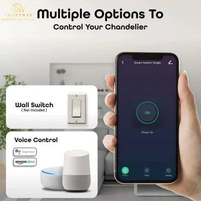 Control your lighting your way. Our Manila Smart Chandelier can be operated via a wall switch, a mobile app, or even with your voice using Google Assistant and Amazon Alexa.