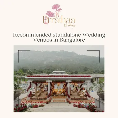 I handpick the most stunning standalone wedding venues in Bangalore for my clients. This image showcases Amita Rasa, a grand venue at the foothills of Nandi, perfect for a "marriage made in heaven."