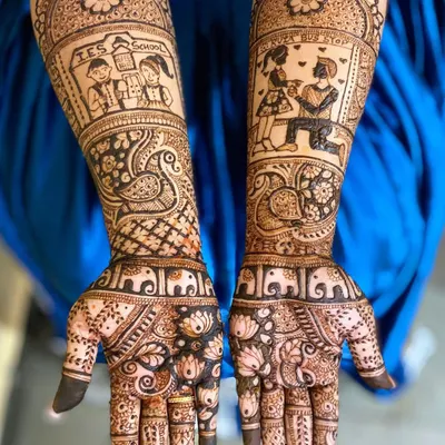 This design tells a complete love story, from the couple's first meeting at school to the romantic proposal. It's a perfect example of how we can weave your personal journey into your bridal henna.