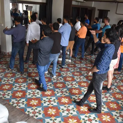A combined class at the India Tango Festival, with all the teachers leading the group. This is a unique opportunity for students to learn from multiple experts in one session.
