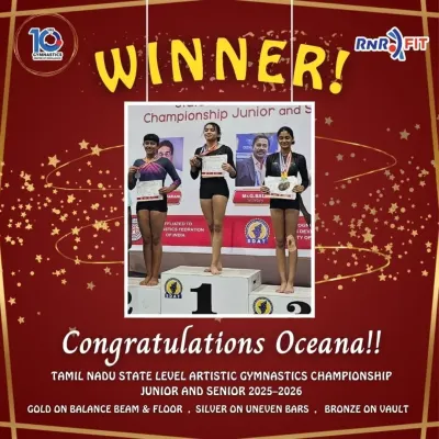 A true winner. This graphic celebrates Oceana's phenomenal sweep at the Tamil Nadu State Level Championship, where she won gold on Balance Beam and Floor, silver on Uneven Bars, and bronze on Vault.
