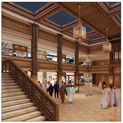 The interior of Souq al Madina in Oman, a project where we blended traditional Omani architecture with modern retail needs. The design features intricate woodwork, stone staircases, and traditional lanterns to create an authentic yet contemporary shopping experience.