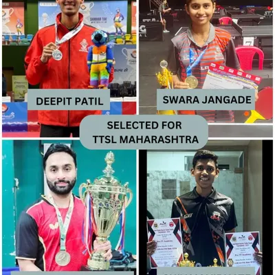 A proud announcement of four of our academy's players, Deepit Patil, Suraj Chandrashekhar, Swara Jangade, and Shivam Vibhate, being selected for different teams in the prestigious Table Tennis Super League, Maharashtra.