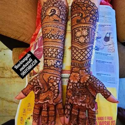 A perfect example of traditional Rajasthani mehndi, this design is filled with peacocks, lotuses, and intricate jaali work, covering the arms fully.