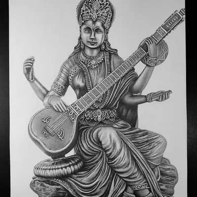 My completed sketch of Maa Saraswati. I used a 0.5mm mechanical pencil on A3 size Brustro paper to achieve the highest level of detail in her ornaments and expression.