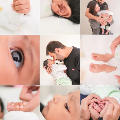 This collage is dedicated to all the tiny, perfect details of a newborn. I focus on capturing close-ups of their hands, feet, eyes, and ears, alongside tender moments with mom and dad. It tells the complete story of your new arrival.