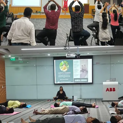 A collage from a corporate yoga day session at ABB. The top image shows employees engaging in a standing yoga pose for balance, while the bottom shows them in a guided relaxation, demonstrating a complete approach to workplace wellness.