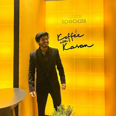 RJ Raghav is seen here at the 'Koffee with Karan' set wearing a custom black jacket I designed. The jacket features a subtle texture, making it perfect for a high-profile television appearance.