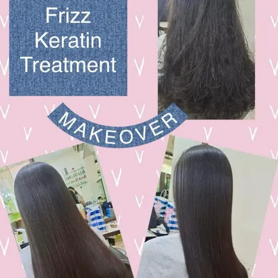 This before and after shows the dramatic effect of our anti-frizz Keratin treatment. We transformed dry, unruly hair into a perfectly sleek and glossy style, eliminating frizz entirely.