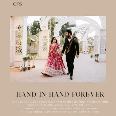Hand in hand, forever. A beautiful walking shot of the couple in their reception attire, capturing the elegance and promise of their journey together.