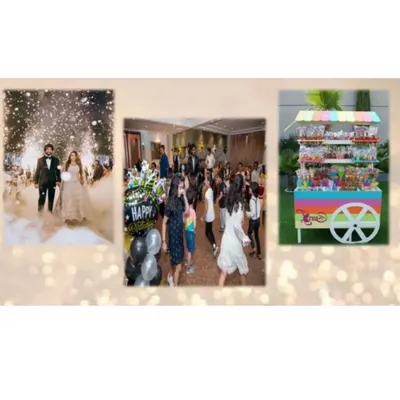 We are full-service event planners for all of life's celebrations. This collage gives a glimpse into the variety of our work, from a dramatic wedding entry with fog effects to lively birthday parties and custom food carts.