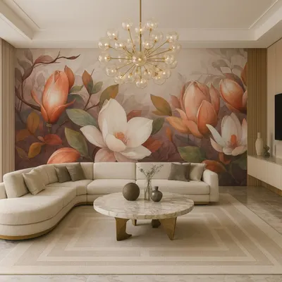 A vibrant living room featuring a custom 5D mural wallpaper with large, artistic flowers in warm orange and white tones. This design serves as a stunning art piece behind the sofa.