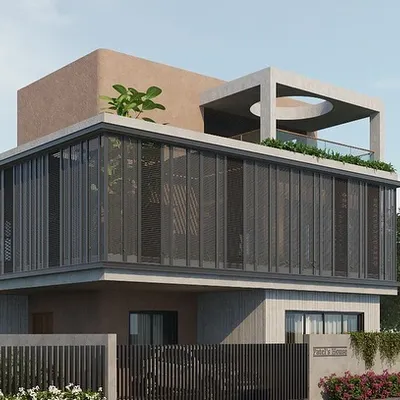 This 3D concept for a private residence features a strong contemporary design with extensive use of glass walls and a rooftop terrace. The design prioritizes an indoor-outdoor connection and clean, geometric lines.