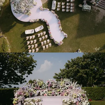 An aerial view of the pastel wonderland wedding in Mussoorie, showing the custom-curved aisle and circular mandap. The entire layout was designed to create a natural, flowing journey for the bride towards the ceremony.