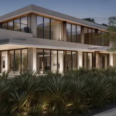 This private residential bungalow is designed to exist in harmony with its surroundings. The clean lines of the architecture are softened by extensive landscaping, and large glass windows dissolve the barrier between the interior and the garden.