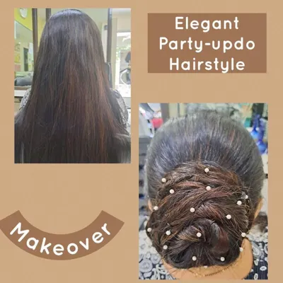 A before-and-after showing long hair transformed into an elegant party updo. This classic bun is adorned with small pearl accessories for a touch of sophistication.
