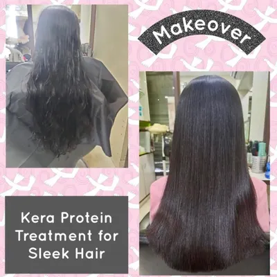 This before and after showcases our Kera-Protein treatment. We targeted dry, frizzy hair and infused it with protein to restore its strength and create this beautiful, sleek finish.