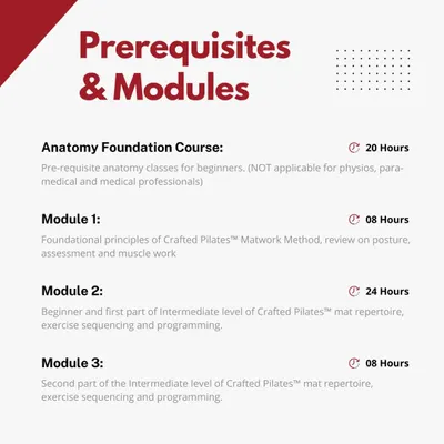 This graphic details the prerequisites and modules for the Level 1 Mat Certification. It breaks down the 40-hour intensive course, from the foundational principles to the full beginner and intermediate repertoire.