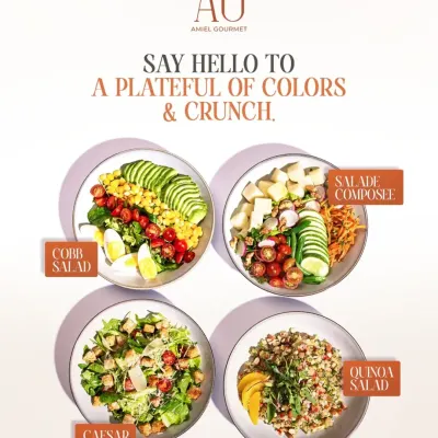 Say hello to a plateful of colors and crunch. My salad bowls, including the Cobb, Caesar, Salade Composée, and Quinoa Salad, are designed to be fresh, flavorful, and full of feel-good fuel.