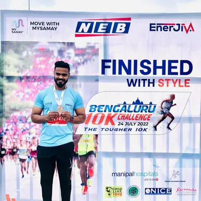 Finishing the Bengaluru 10K Challenge with style. I train clients not just for the gym, but for real-world fitness events like this.