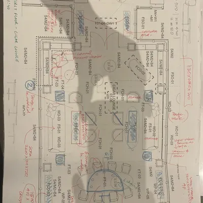 Every project begins with a detailed plan. This annotated floor plan for a clubhouse lounge shows our initial thoughts on furniture layout, zoning, and creating flow within a large, open space.