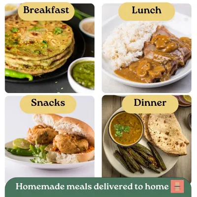 We have your entire day covered with our home-style meal delivery service. This collage shows the variety we offer, from hearty breakfast parathas and balanced lunch thalis to evening snacks and wholesome dinner plates. Every meal is cooked fresh in our home kitchen and delivered to your doorstep in Noida.