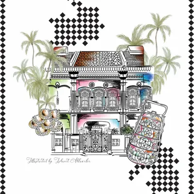 A sneak peek of a detailed illustration in progress for a client in Singapore. This piece captures the unique architecture of a Peranakan shophouse with whimsical, colorful touches.