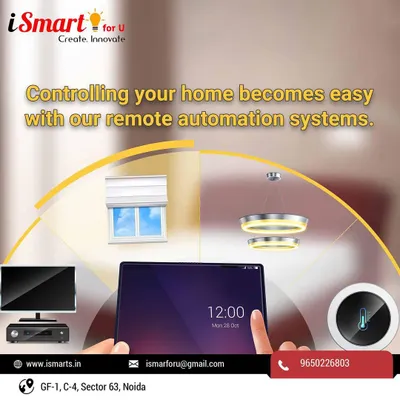 With our remote automation systems, controlling your home becomes incredibly easy. This graphic shows how a central tablet can manage your TV, blinds, lighting, and thermostat, putting complete control at your fingertips.