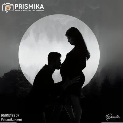 This is where the story begins. Our signature silhouette style captures the deep connection between partners, with the father-to-be sharing a tender kiss with the baby bump, all framed by a dramatic full moon.
