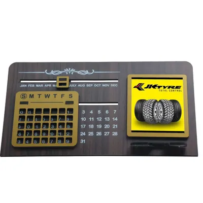 A custom wooden lifetime calendar designed for JK Tyre. This perpetual calendar is a durable and elegant desk accessory that serves as a constant brand reminder.