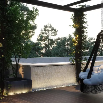 A serene rooftop terrace featuring a cozy swing chair under a pergola wrapped in climbing plants, creating the perfect spot for quiet relaxation.