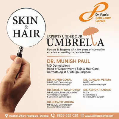 At our centre, you are in the hands of experts. This graphic introduces our team of doctors and surgeons, including myself, our consultant dermatologists, and our specialist hair transplant surgeon, Dr. Shalini Malhotra.