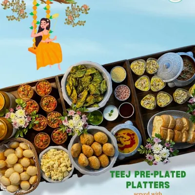 My Teej pre-plated platters are a tribute to tradition, filled with festive flavors. This overhead shot shows a variety of chaat, snacks, and sweets, beautifully arranged and ready to make your celebration effortless and delicious.