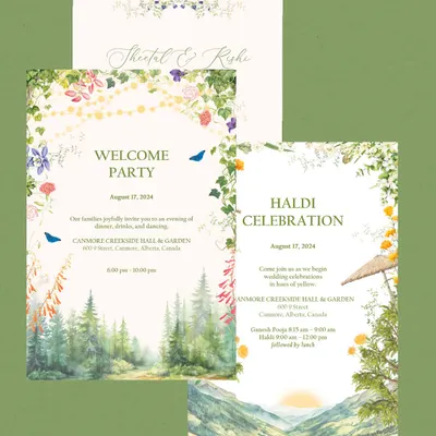 A set of illustrated cards for a wedding in Canmore, Canada. I painted the stunning mountain forests for the Welcome Party card and a sunny valley scene for the Haldi Celebration, giving each event its own unique landscape.