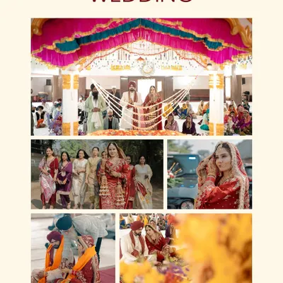 A collage capturing the essence of a Sikh wedding, from the Anand Karaj ceremony in the Gurudwara to the bride's grand entrance.