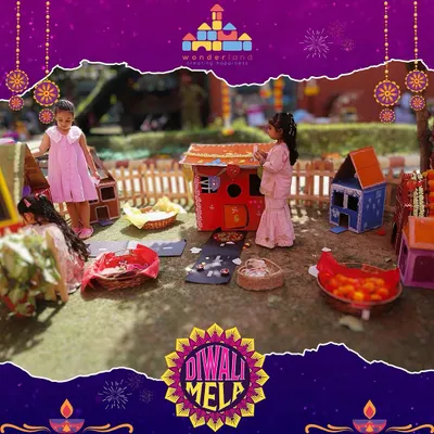 The joy of Diwali lights up every corner of our school. Here, children are setting up their own little houses for the festival, learning about traditions through imaginative play during our Diwali Mela.