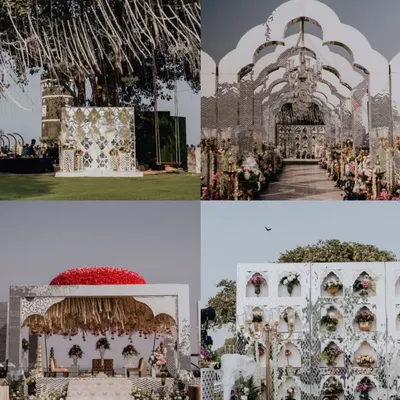 A collage showcasing the breathtaking decor from Eesha and Tarun's wedding events, from the mirrored entranceway to the grand mandap.